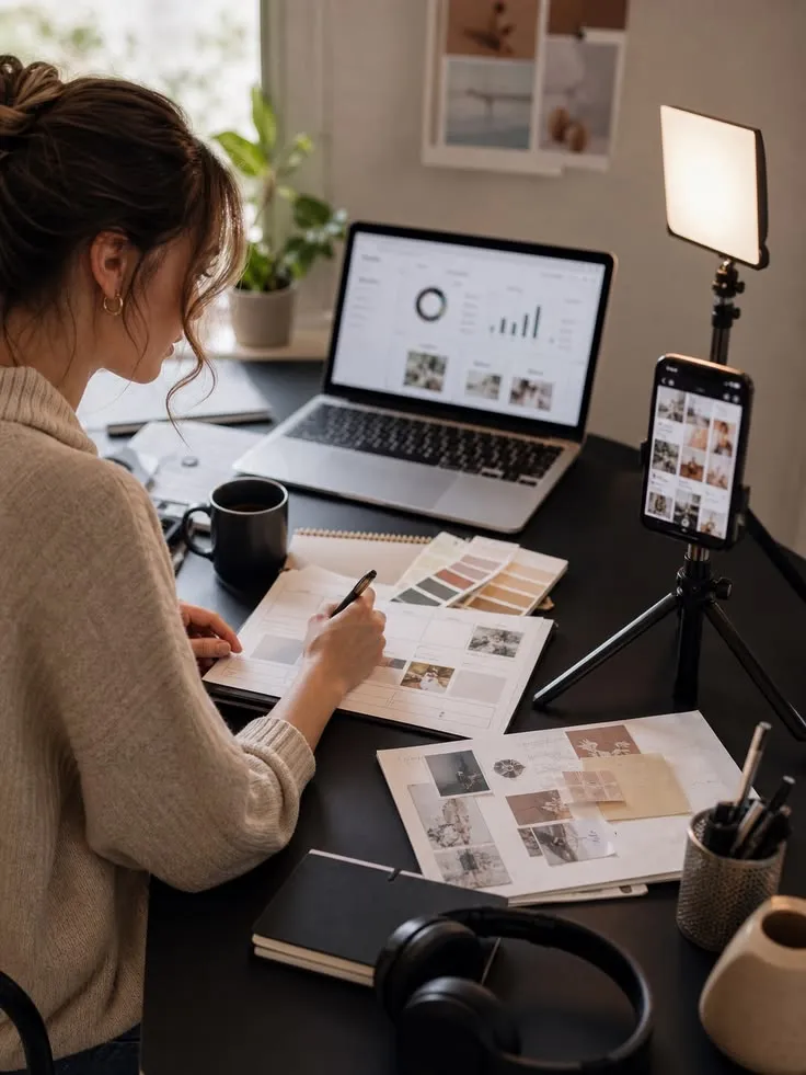 A woman planning content at a desk, with a laptop, colour swatches and a phone on a tripod