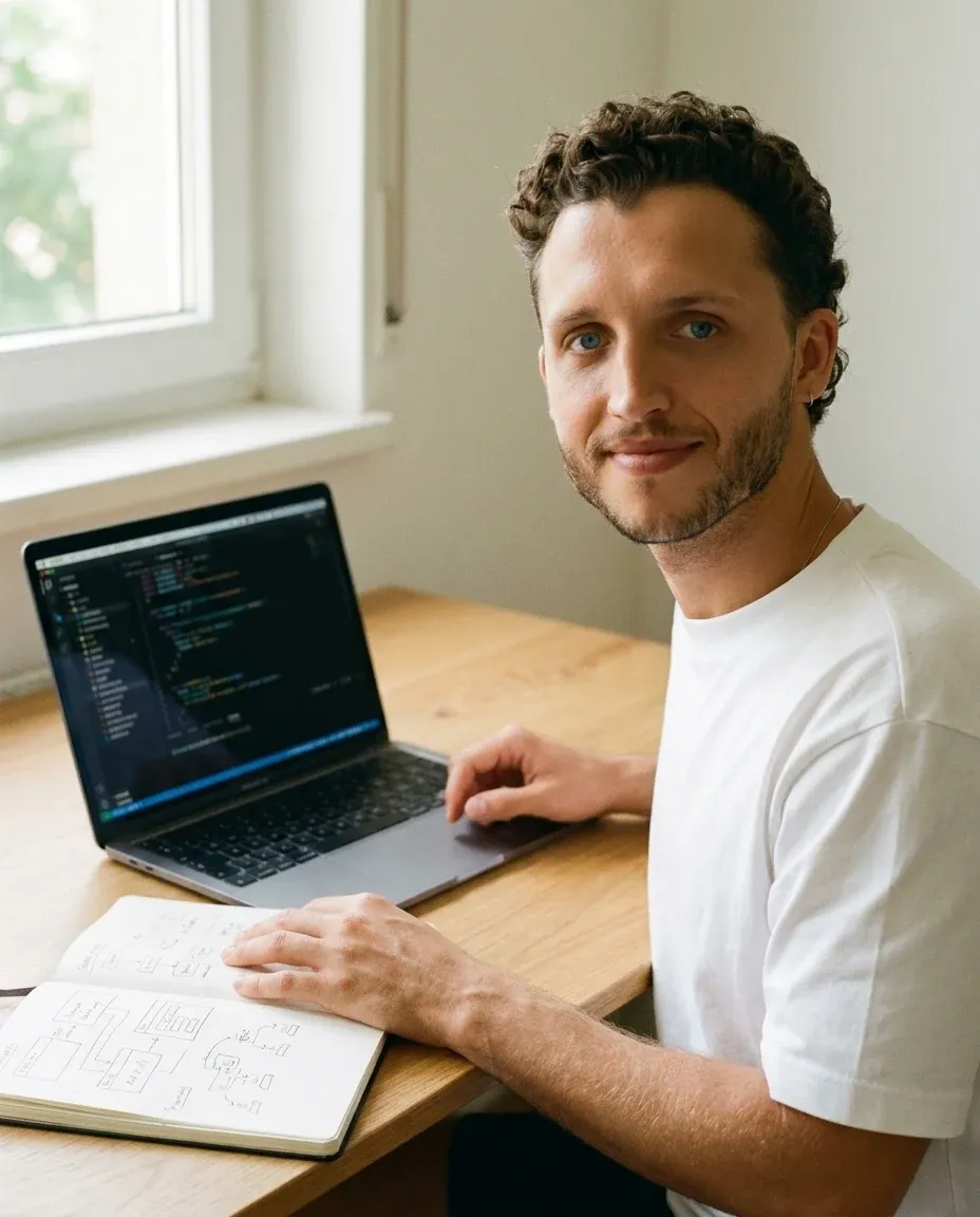 James working on a laptop at the studio, seated by the window