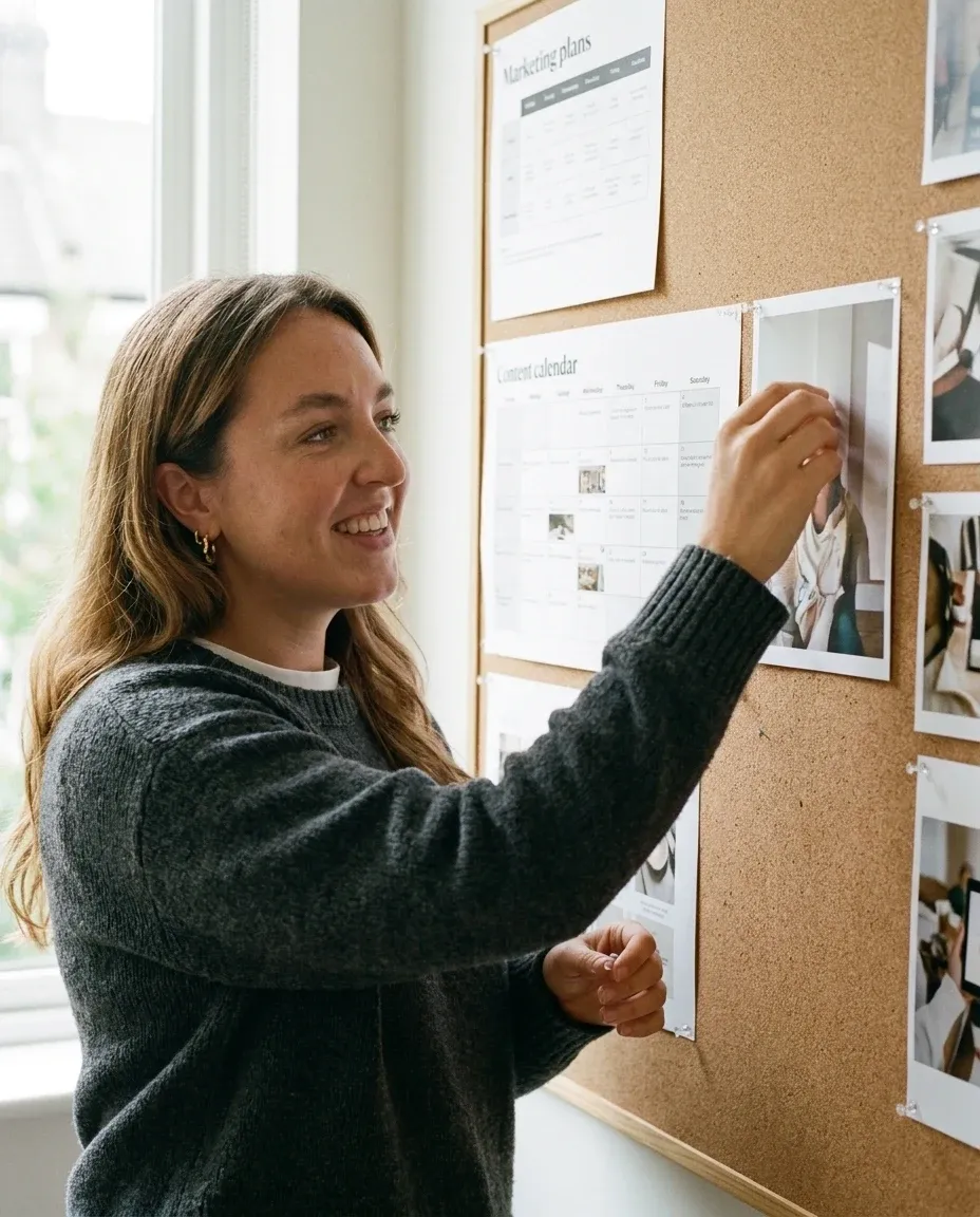 Katie pinning a printed content calendar to the studio wall
