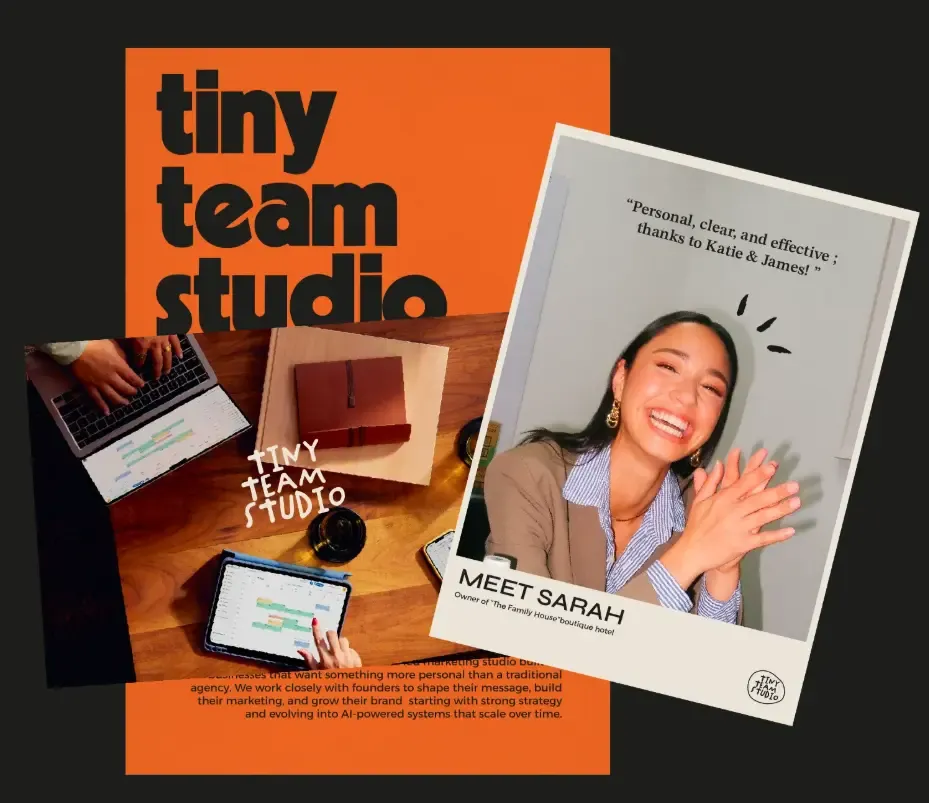 An orange studio poster with a printed client card and a tablet laid across it