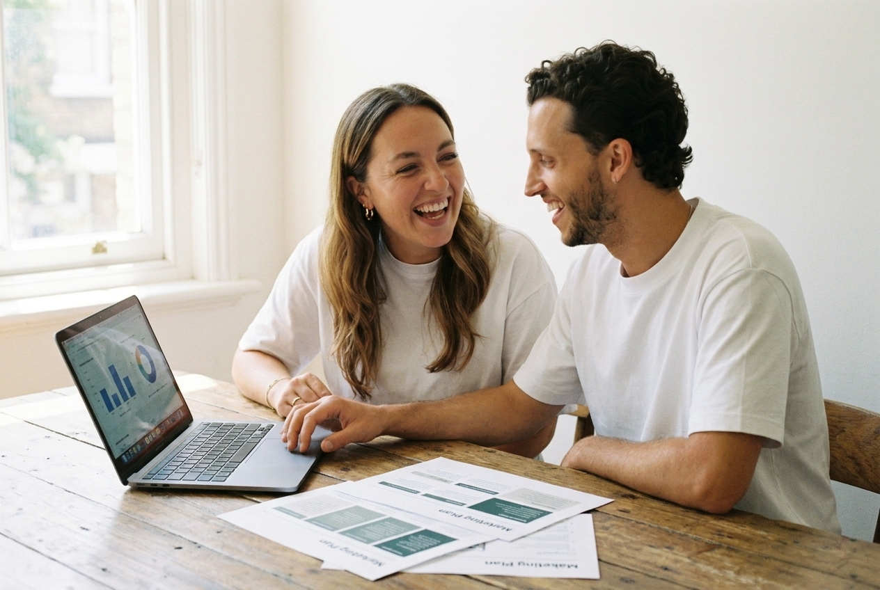 Katie and James laughing over a laptop and marketing plans at the studio table