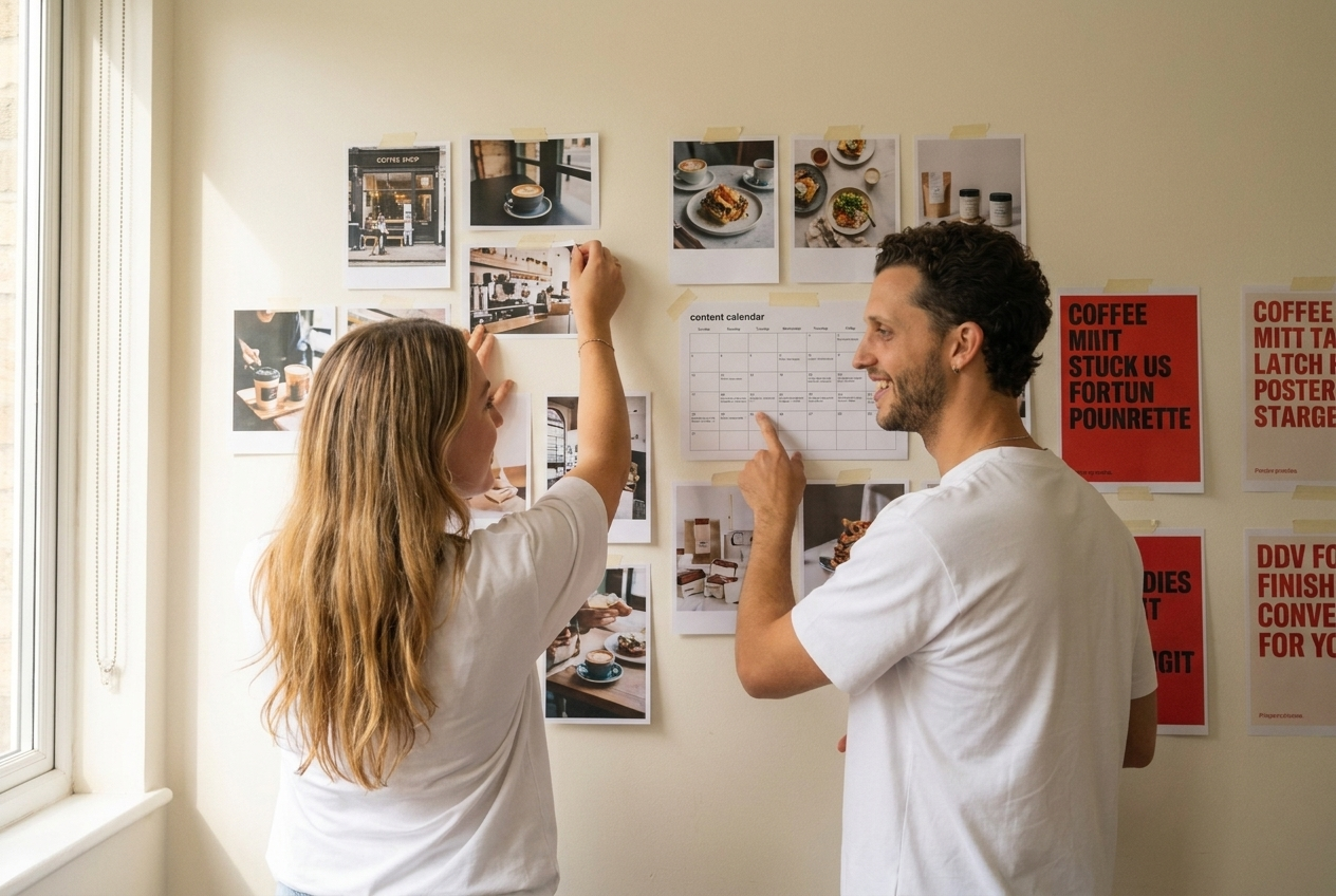 Katie and James pinning printed content plans to the studio wall