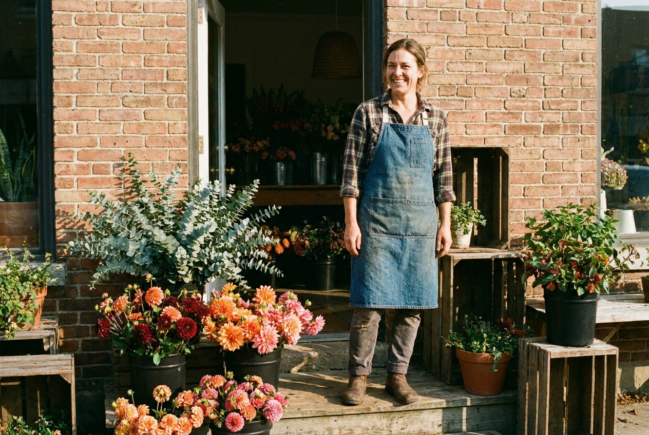 A florist arranging stems in her shop — the businesses we work with