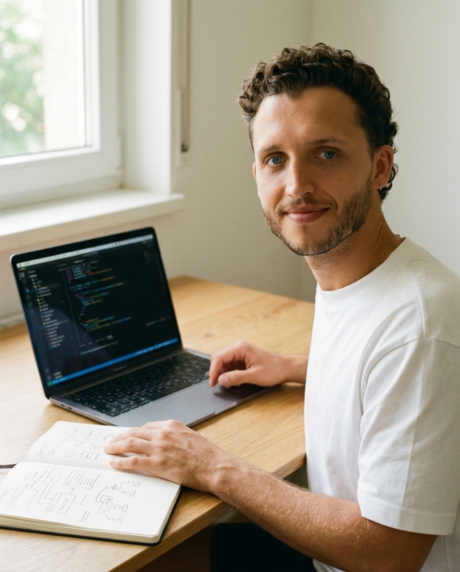 James at his desk with a code editor and a notebook of system sketches