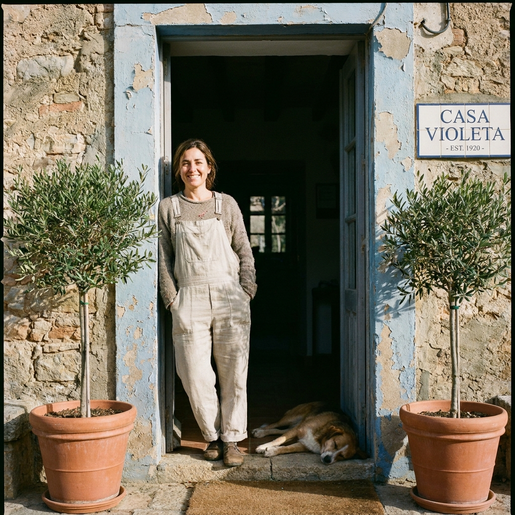 Sarah at the front desk of her boutique hotel — placeholder photo