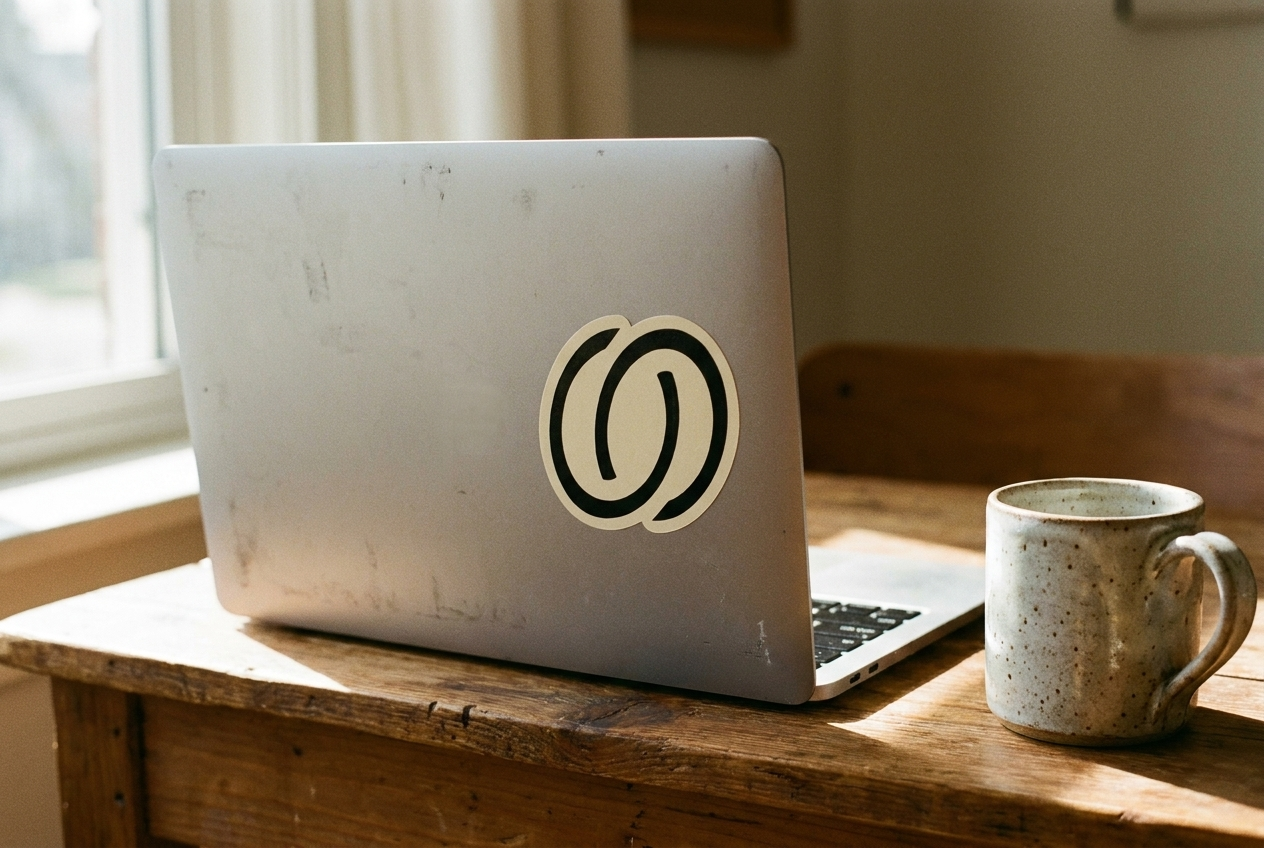 Tim's emblem as a sticker on the studio laptop