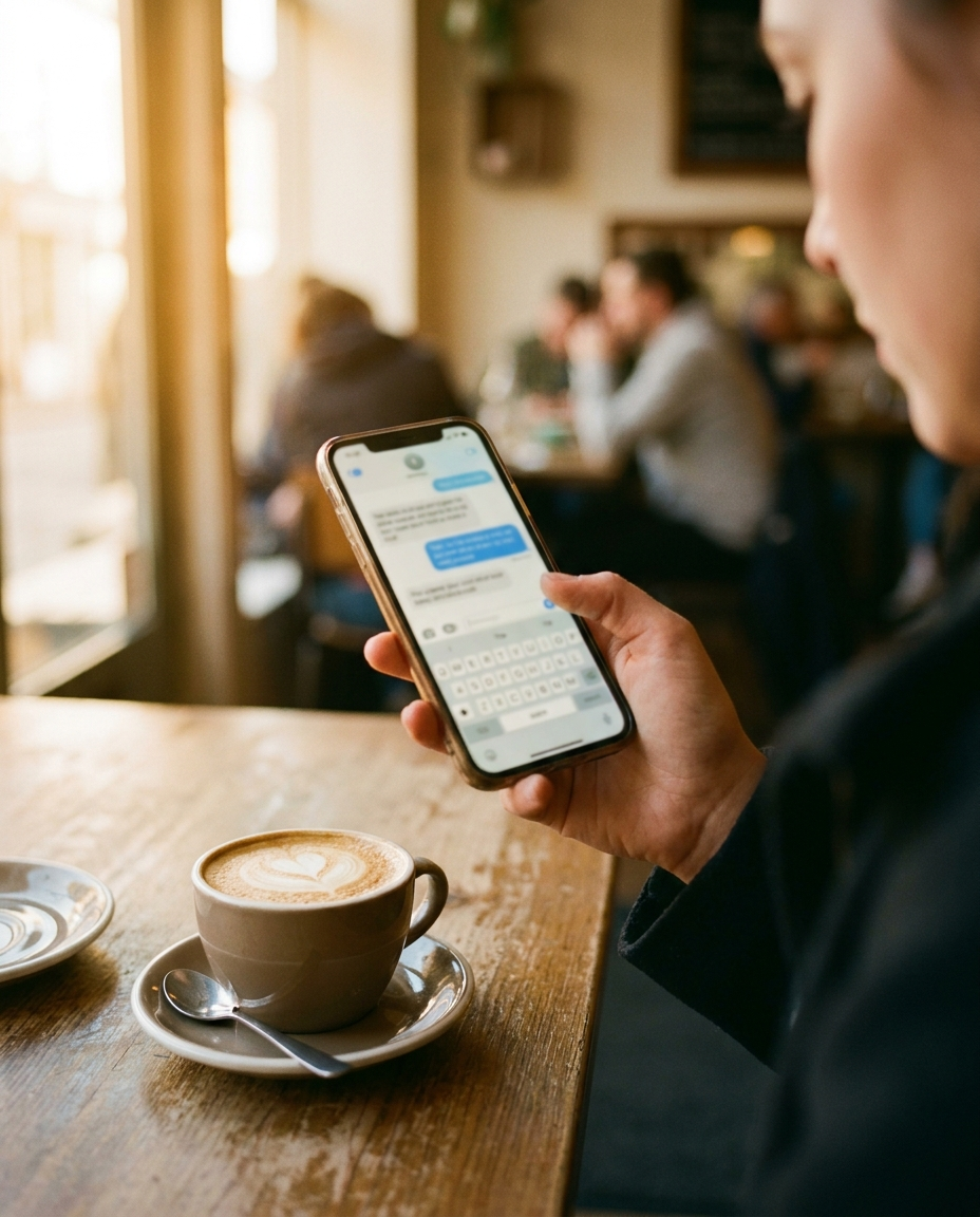 Tim replying in chat on a phone over morning coffee